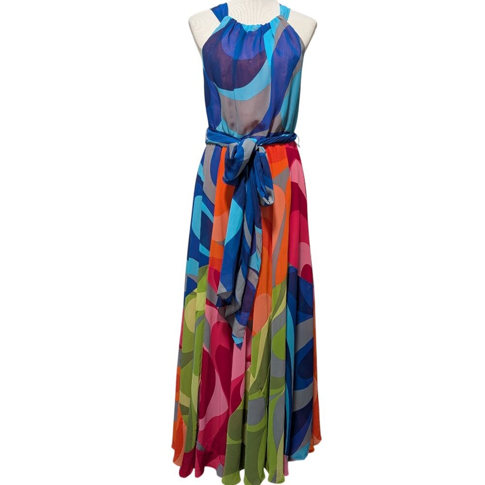 Soft Surroundings Womens Sz S Colorful Carnivale Halter Tie Belt Maxi Dress Flaw